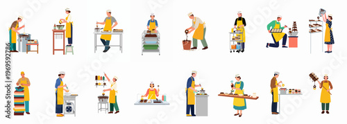 Culinary Professionals at Work: A collection of diverse culinary professionals meticulously preparing various dishes, showcasing skill and precision in a dynamic kitchen environment.