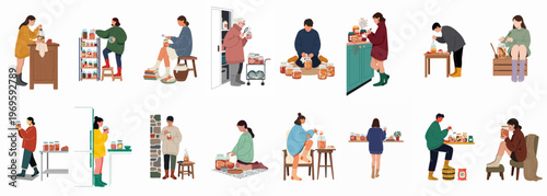 Marketplace Moments: A curated collection of illustrations showing people in various poses while shopping, from browsing through merchandise to engaging with the vendors.