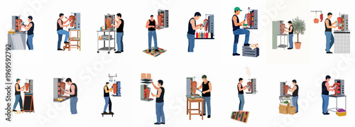 Artistic Endeavors: Various artists in creative act of putting art to wall, capture the essence of creativity and collaboration in artistic endeavors.