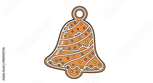 Festive gingerbread bell cookie illustration featuring white icing swirls and many tiny colorful sugar sprinkles for holiday themes.