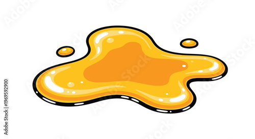 Glossy yellow honey spill or syrup puddle on a white background, vibrant cartoon style food illustration for sweet ingredient concepts.