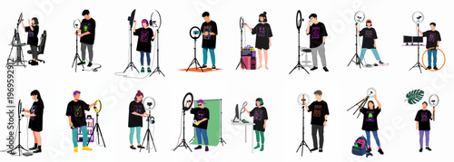 Studio Setup Assembly: A diverse group of content creators and technicians, working together to set up various lighting equipment, cameras, and gear in a vibrant studio setting.