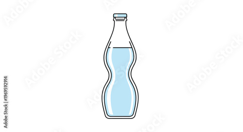 Glass bottle filled with clear water, simple outline illustration with soft blue highlights representing hydration, health, and fresh drinks.