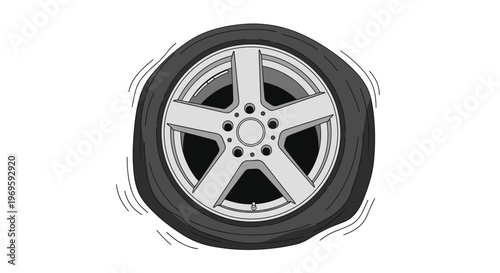 Flat car tire on a silver alloy rim with motion lines, vector illustration showing a roadside emergency, puncture, or vehicle maintenance.