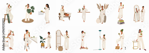 Harmony of Daily Routine: A collection of various scenes depicting individuals engaging in everyday life, focusing on moments of self-care and leisure.