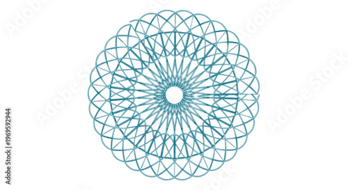Intricate teal blue spirograph pattern or geometric mandala, complex radial design for background textures, art, or aesthetic decorations.