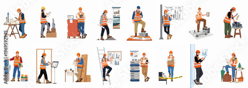 Construction Crew at Work: A comprehensive illustration, showcasing a diverse construction team engaged in various tasks.