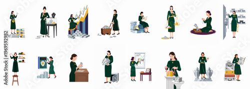 Financial Professional in Action: A series of illustrations showcases a financial professional managing various aspects of her work, demonstrating financial expertise.
