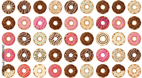 Large collection of diverse glazed donuts with various toppings and sprinkles, colorful food pattern for sweet treat and bakery themes.
