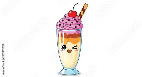 Cute kawaii style milkshake with a cherry and wafer stick, cheerful character illustration for dessert shop, cafe, or sweet treats branding.