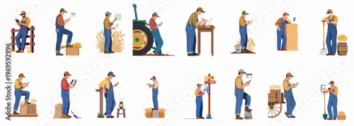 Agricultural Workers on Phones: Depicting a series of farm workers engrossed in their devices amidst their daily duties.