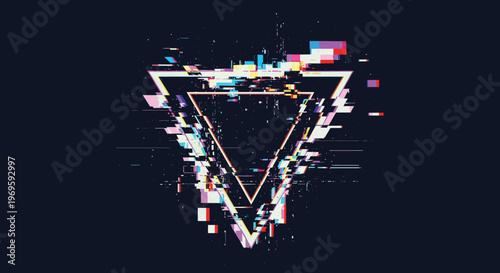 Glitch effect triangle frame on a dark background, neon colored geometric shape for futuristic technology, music, or digital art concepts.
