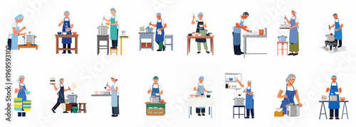 Culinary Craftsmanship: A diverse collection of individuals diligently engaged in various culinary activities, showcasing the artistry and skill of professional chefs in a modern kitchen.