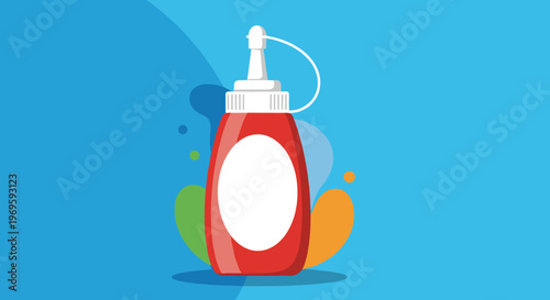 Red ketchup or sauce bottle with a white label on a colorful background, flat vector illustration for condiment, kitchen, or fast food themes.