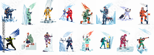 Winter Expedition Illustrations: A collection of dynamically illustrated individuals, equipped in professional attire, each dedicated to diverse outdoor activities set against an arctic landscape.