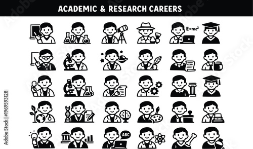 Illustrations depict various academic and research careers with associated icons representing different professions and fields of study.