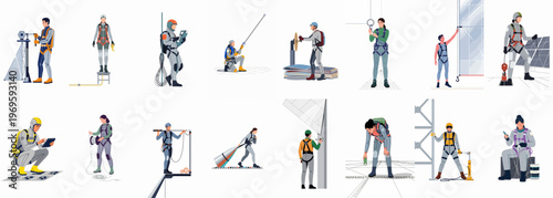 Safety on High: A visual narrative unfolds, spotlighting diverse workers in a high-rise environment, each diligently performing their duties while prioritizing safety, with every gesture, tool.