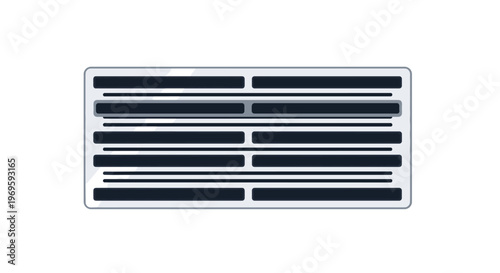 Gray rectangular air vent or grille with horizontal slats, simple industrial component illustration for hvac, ventilation, or air cooling.