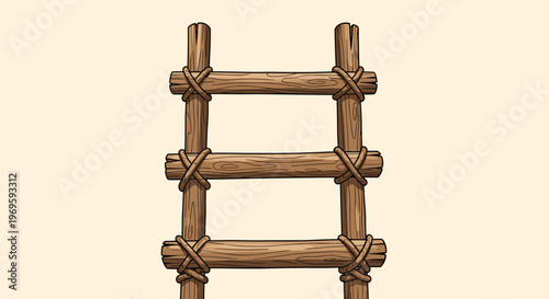 Simple wooden ladder made of logs tied with ropes, rustic hand-drawn illustration for climbing, construction, or creative access themes.