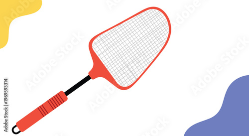 Red fly swatter with a mesh net and handle, practical household item illustration for pest control, sanitation, and insect removal concepts.