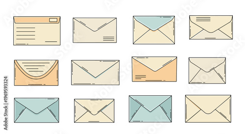 Variety of envelope icons in different colors and styles, collection of mail and correspondence symbols for communication and message themes.