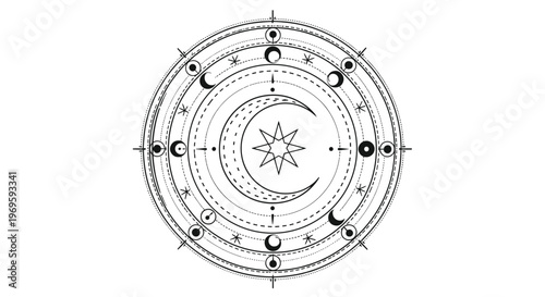Mystical celestial diagram with a crescent moon and star inside concentric circles, occult symbols for astrology, zodiac, or tarot themes.