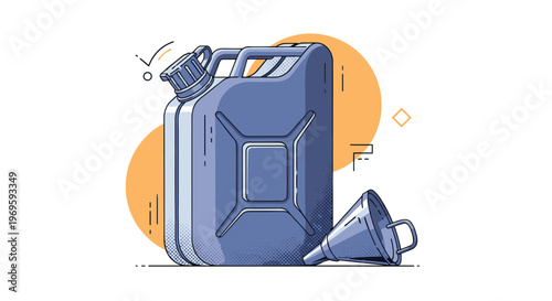 Blue plastic jerrycan with a pouring funnel on an orange background, automotive fuel container for gasoline, oil, or diesel storage.