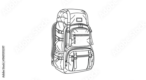 Detailed black and white line art illustration of a large multi-pocketed hiking backpack for camping and outdoor activities.