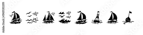 A set of hand-drawn nautical doodle icons featuring sailing ships on ocean waves, seagulls in flight, wind symbols, a lighthouse buoy, and an anchor.