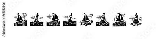 A set of detailed nautical doodle icons featuring a ship's wheel with an anchor, sailboats on wavy seas, a compass rose, a lifebuoy, and a lighthouse.