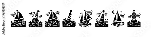 A set of detailed nautical doodle icons featuring a ship's wheel with an anchor, sailboats on wavy seas, a compass rose, a lifebuoy, and a lighthouse.