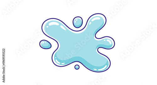 Cartoon style light blue water splash or liquid splat featuring small droplets and highlights on a white background.