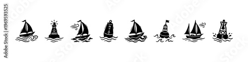 A set of detailed nautical doodle icons featuring a ship's wheel with an anchor, sailboats on wavy seas, a compass rose, a lifebuoy, and a lighthouse.