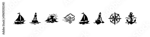 A set of detailed nautical doodle icons featuring a ship's wheel with an anchor, sailboats on wavy seas, a compass rose, a lifebuoy, and a lighthouse.