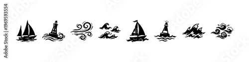 A set of detailed nautical doodle icons featuring a ship's wheel with an anchor, sailboats on wavy seas, a compass rose, a lifebuoy, and a lighthouse.
