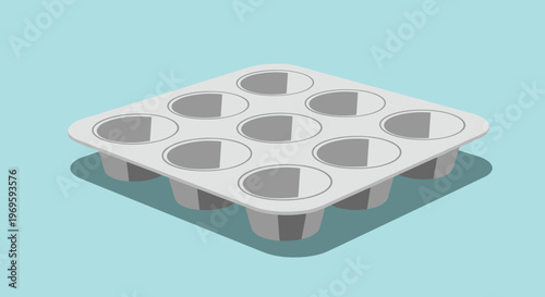 Grey metal muffin tin or cupcake baking pan with twelve cups shown in an isometric view against a light blue background.