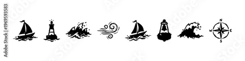 A set of detailed nautical doodle icons representing maritime navigation, sea travel, and sailing adventures on the ocean.