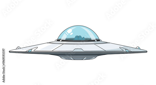 Classic silver flying saucer or UFO design featuring a blue glass dome and sleek aerodynamic body for space travel.