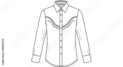 Technical flat sketch of a long-sleeved western style button-down shirt featuring shoulder yokes and cuffs.