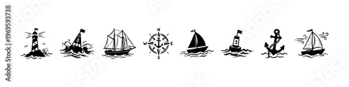 A set of detailed nautical doodle icons representing maritime navigation, sea travel, and sailing adventures on the ocean.