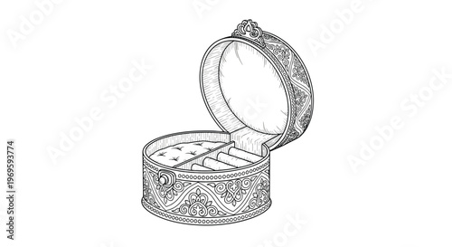 Ornate circular jewelry box shown open with intricate patterns and velvet padding for storing valuable rings and gems.