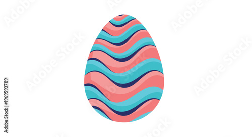 Colorful Easter egg decorated with wavy horizontal stripes in shades of pink and blue isolated on white background.