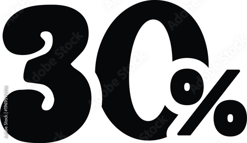 Bold black graphic of the number thirty with a percentage sign. Retro style typography for sales promotions, discounts, or statistical data, isolated on a white background
