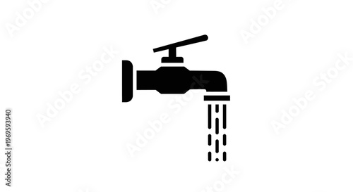 Black Faucet Icon with Running Water Stream