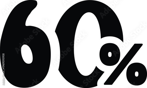 A bold, stylized sixty percent typographic icon in black. This isolated vector graphic represents a 60% discount, sale promotion, or a statistical figure for business and finance