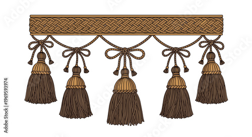 Elegant decorative fringe featuring a braided top border and hanging rope tassels in earthy brown tones for interior decor.
