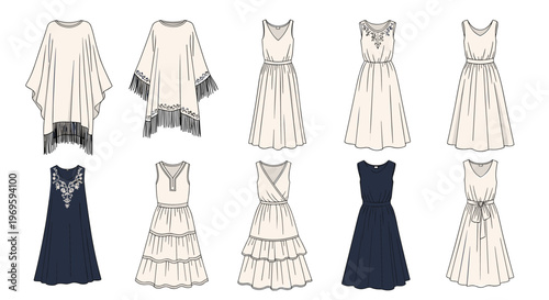 Fashion design sketches showing a variety of women's dresses and ponchos in cream and dark blue colors for spring fashion.