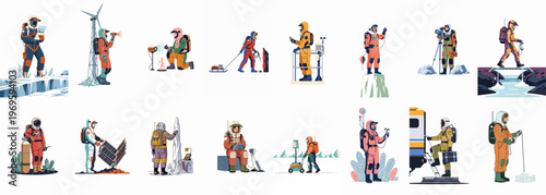 Scientific Expedition: A comprehensive depiction of various scientific activities, researchers are shown conducting diverse experiments in outdoor settings. 