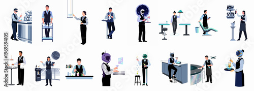 Service Staff Set: A comprehensive collection of meticulously rendered illustrations showcasing service professionals performing various duties and actions.