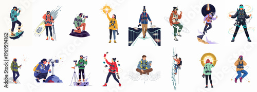 Diverse Hobbies & Activities: A vibrant collage depicts individuals engaged in a range of recreational pursuits and personal interests, from photography and surfing to rock climbing and yoga. 